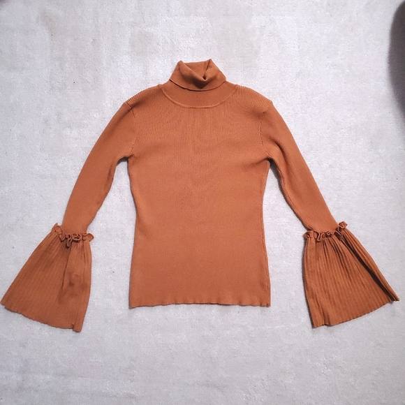 Chicwish knit turtleneck flare bell ruffle sleeves burnt orange ribbed S small - Picture 9 of 11